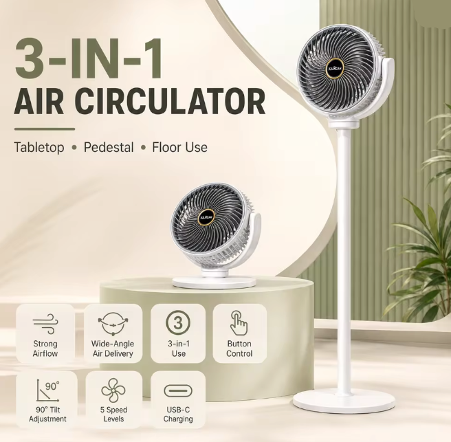 3-in-1 Modern Air Circulator Fan with different 5 Speeds & 4 Heights