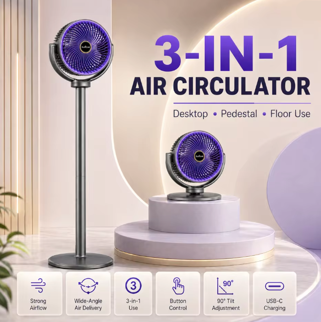 3-in-1 Modern Air Circulator Fan with different 5 Speeds & 4 Heights